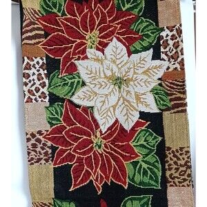 Table Runner Christmas Pointsettia Red White Gold Animal Prints 12.75"W x 67"L